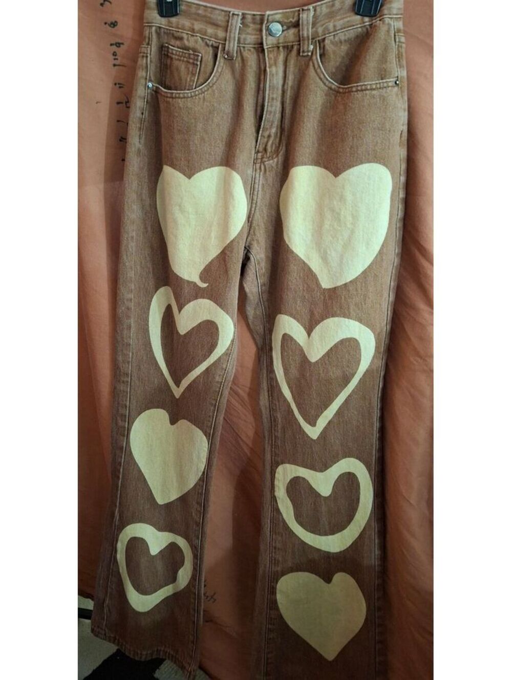 Vintage Brown Denim Jeans with Large Cream Heart Prints